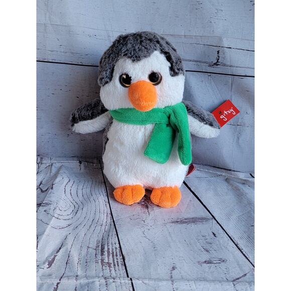 Gitzy Penguin Plush Stuffed Animal Toy Gray White Orange Green Scarf 9 Inch New - Picture 1 of 7